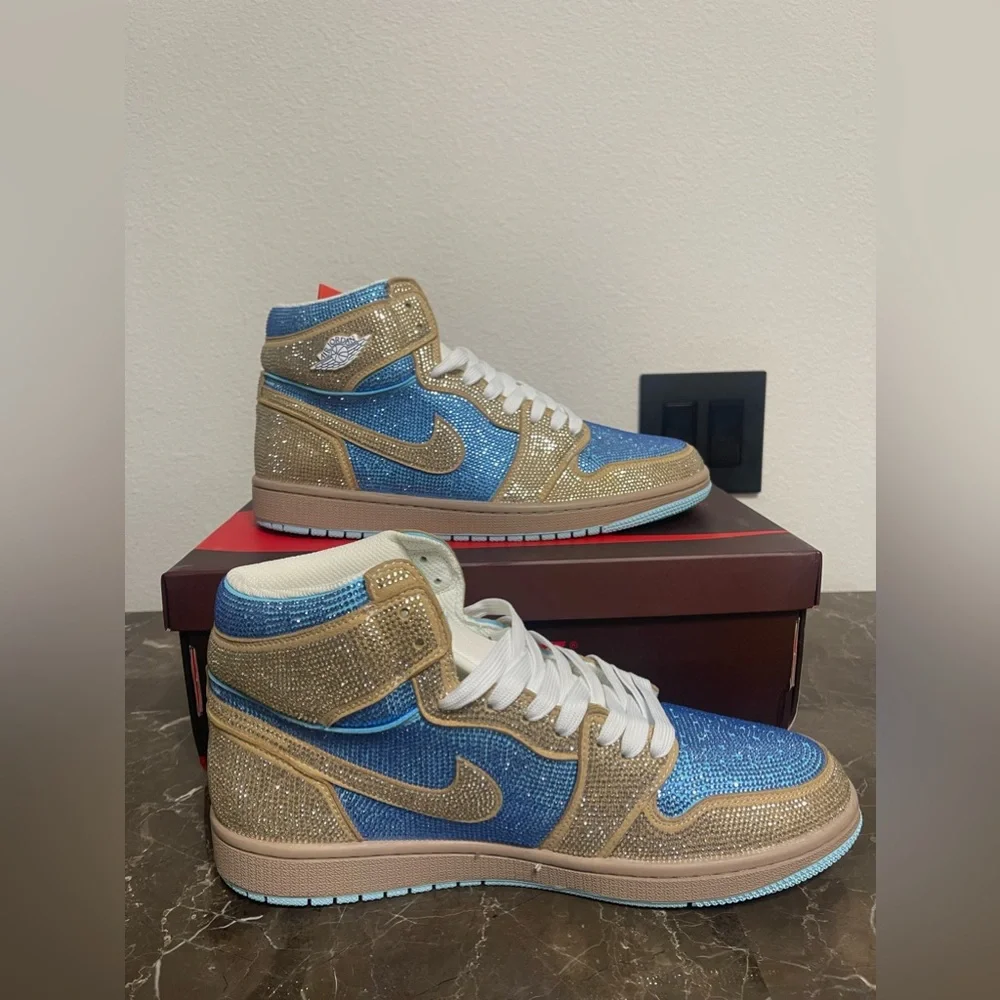 Custom Blue & Gold Rhinstone Nike Air Jordan Sneakers Euro 46, Fits Men's 10.5
